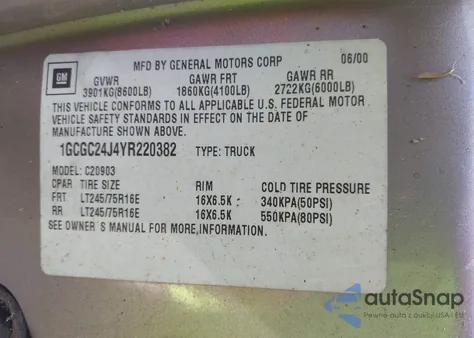 2000 Chevrolet C2500 из США, поврежденный, VIN 1GCGC24J4YR220382